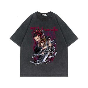 Washed and Distressed Short Sleeved T-shirt, Death Anime American High Street Oversize Loose Cotton T-shirt