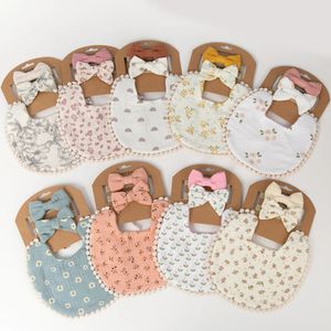 9Sets Lot Baby Flower Bibs Headbands Bow Nylon Hairbands Double Side Saliva Towel Feeding Burp Cloth Scarf Boys Girls Headwear 240319