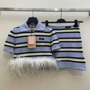 Luxury Women Two Piece Dress 24ss early spring new MIUI contrasting striped feather patchwork polo knit top skirt set