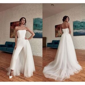 Fashionable Unique Simple Plus Size Jumpsuits Wedding Dress Bridal Gowns With Detachable Train Strapless Ankle Length Formal Jumpsuit Dresses Custom Made Bes121