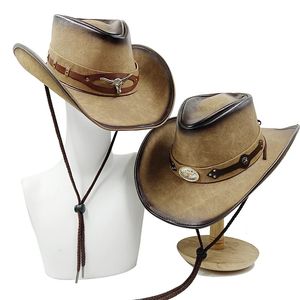 30stlye 100% Leather Men Western Cowboy Hat For Gentleman Dad Cowgirl Sombrero Hombre Caps Big Sizelarge Head 240311