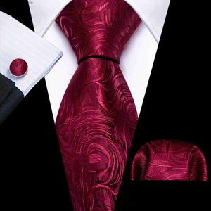 Neck Ties Neck Ties Desinger Mens Ties Red Exquisite Floral Silk Neck Tie Pocket Square Cufflink Set Wedding Gift Party BarryWang Dropshipping 6536 Y240325