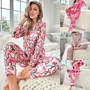 Kvinnors sömnkläder kvinnlig långärmad pyjamas set vår sommar satin byxa pijamas kostym trycktecknad nattkläder lös lounge slitage