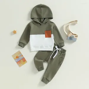 Комплекты одежды для маленьких мальчиков, штаны из 2 предметов, топы с капюшоном контрастного цвета и длинными рукавами и шнурок