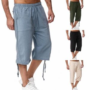 summer Man Casual Short 3XL Linen Cott High Waist Bermuda Shorts Solid Drawstring Sweatpants Blue Breeches with Pockets Pants W9tv#