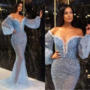 Mermaid Sequined Sparkle Evening Dresses Heavy Pearls Beads Prom Dress Abiti Cerimonia Da Sera Formal Long Sleeves