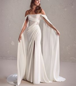 Elegant Long Crepe Garden Wedding Dresses With Detachable Cape Mermaid Ivory Strapless Covered Buttons Back Sweep Train Bridal Gowns for Women