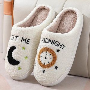 Women's Slippers Cotton Winter 79 Moon Clock Peng Pattern Loose Leather Couple Home Warm Plush Shoes 77510