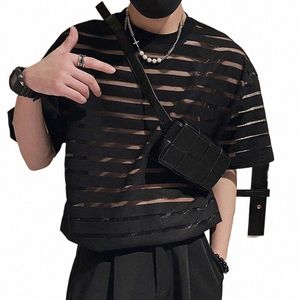 2023 Men T Shirt Mesh Striped O-neck Short Sleeve Transparent Men Clothing Streetwear Sexy Korean Fi Tee Tops S-5XL INCERUN b5Qk#