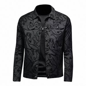Luxury Flocking Bomber Jacket Mens 2024 Autumn Busin Vintage Casual Slim Jackel Lapel Single Breasted Jacquard Coats Jacket R5RZ#
