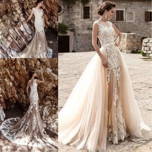 de noiva Bridal Vestido Gownsシャンパンヴィンテージセクシーなレーススカート取り外し可能なウェディングドレストレインタッチャブル