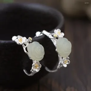 Studörhängen FNJ Flower 925 Silver Fine Pure S925 Sterling Earring for Women Jewelry Natural Rose Jade