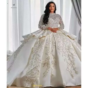 Luxurious Arabic Style A Line Wedding Gowns Long Sleeves Plus Size Puffy Train Princess Sparkly Sequins Bridal Party Dresses Robe De Marriage DHL