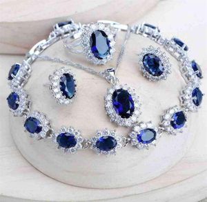 Silver 925 Women Bridal Jewelry Sets Blue Zirconia Costume Fine Jewellery Wedding Necklace Earrings Rings Bracelets Pendant Set 222009134