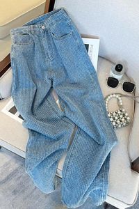 Women's Jeans 2024 Korean Higt Waist Pockets Patchwork Button Wide Leg Pants Washed Zipper Loose Advanced Blue Women Straight Trend
