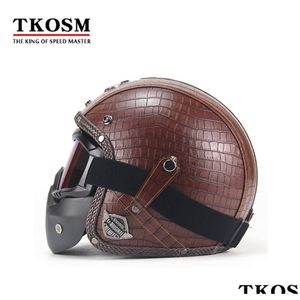 モーターサイクルヘルメットTKOSMヴィンテージ34レザーヘルメットオープンフェイスチョッパーバイクモトーコロスVISOR6806792ドロップデリバリーオートバイルMotorcy Otky8