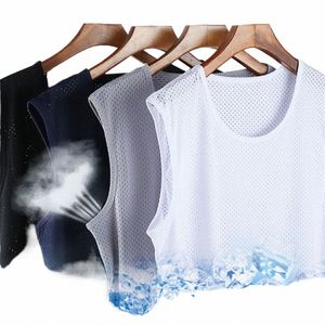 men Ice Silk Tank Tops Underwear Undershirt Mesh Quick-drying Bodybuilding Vest Gym Sports Fitn Sleevel Breathable Singlet I7F1#