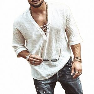 men's Fi Hippie Linen Shirt Casual Middle Sleeve V Neck Summer Beach Loose Tee Tops Solid Color T shirts 2021 New m51A#