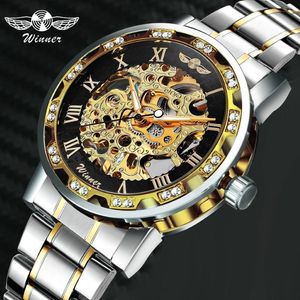 Победитель Hollow Mechanical Mens Watches Top Brand Luxury Iced Out Crystal Fashion Punk Steel Steel Начаты для Man Clock 201113278P