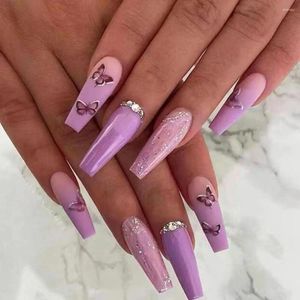 False Nails 24pcs Press On French Pink Gradient Butterfly Fake Nail Blue White Wavy Lines Full Cover