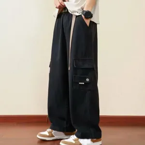 Мужские брюки мужчины брюки с ремешками винтажные свободные грузы с упругими талия