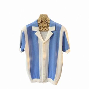 Summer Men luksusowe ubrania dzianinowe koszulę polo z krótkim rękawem Polo Stripes Paski Lapel Butt Slim Fit Cardigan Tops 32by##