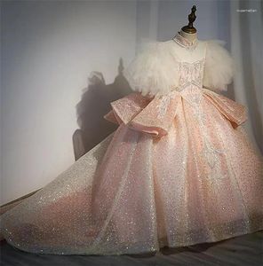Flicka klänningar rosa blommor flickor för bröllop korsett tillbaka glitter tyll prinsessan barn första nattvards klänning med långt tåg