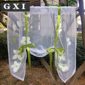 Gardiner blommor gröna blad korta gardiner för kök elegant broderad färdiggjord ren tyll draperier veranda dörrfönster gardiner