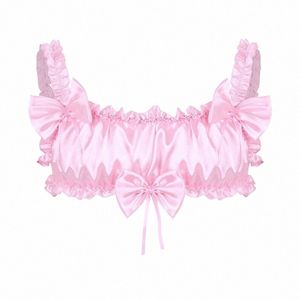 mens Sissy Lingerie Smooth Soft Satin Ruffled Frilly Elastic Wide Shoulder Straps Backl Wire-free Bra Top Gay Sexy Underwear q9zC#