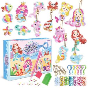 Stitch 15pcs/set diy Diamond malt Schlüsselbund Mermaid Unicorn Animalring Kits für Kinder Anfänger Edelstein Anhänger Crafts Schlüsselkette Geschenk