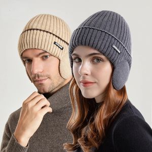 Wintermützen für Damen und Herren, Unisex-Strickmütze aus Wolle, dickes Fleece gefüttert mit Ohrenklappen, modische Stretch-Pullover-Kappe 240309
