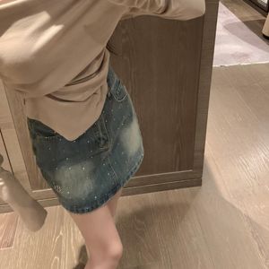 womens shorts Summer new miui Denim diamond patch slimming trend short skirt with lining Retro style Washed denim