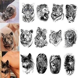 100Pcs Wholesales Waterproof Temporary Tattoo Sticker Tiger Lion Wolf Forest Man Big Sexy Flower Women Body Arm Art Fake Tattoos 240311