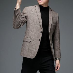 Autumn Winter Men Plaid ull blazer smart casual grå kamel marinblå kontrollerad mönster ullblandning jacka kostym eleganta kläder 240313