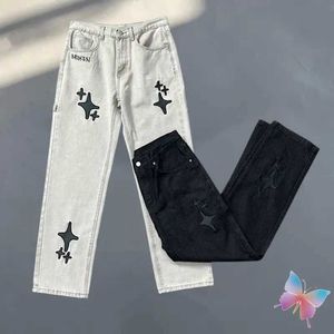 Erkek pantolon 24ss gri kırık gezegen kot pantolon 1 1 Yüksek kaliteli işlemeli yıldız denim pantolonlar hiphop sokak erkekleri kadınlar temizlik bp pantolon j240325