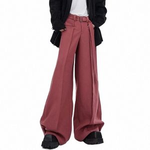 iefb Belt Design Male Wide Leg Pants Persalized Solid Color Pleated Pockets Baggy Men's Casual Trousers Spring New 2024 9C4728 B7Ch#