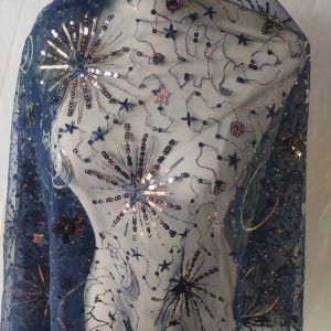 Acessórios Mesh de malha de lantejoulas Estrelas de bordado de lua Tecido de renda para vestido Decoração de renda de casamento