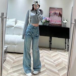 Early Spring New Skirt style Jeans Fake Two Piece Splice Straight leg Jeans Letter Print