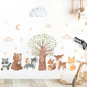 Stickers Cartoon Watercolor Woodland Animals Bear Bunny Tree Stars Wall Sticker for Kids Room Baby Nursery Decals Bedroom Home Decor