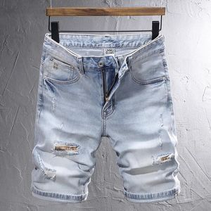 Men's Jeans Summer Fashion Designer Short Men Retro Light Blue Stretch Slim Fit Ripped Patched Vintage Casual Denim Shorts