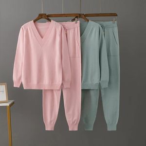 Two Piece Women Knit Sport Suits V Neck Sweater Drawstring Harem Pants Jogging Pullover Set Knitted Outwear 240309