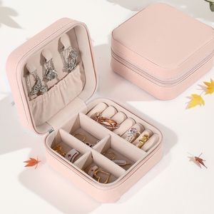 ins style Solid necklace Jewelry Organizer Leather Square Small Round Box Ring Earrings Portable Travel Storage Bag 240309