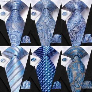 Krawatten Krawatten Hi-Tie Hellblau gestreift Neuheit Seide Hochzeitskrawatte für Männer Handky Manschettenknöpfe Nicktie Set Modedesign Business Party Dropship Y240325