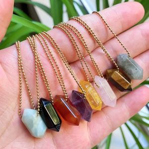 Small Hexagonal Crystal Necklace Stainless Steel Chain Natural Stone Citrines Quartz Purple Crystal Pendant Healing Point Amulet