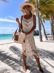 2023 branco crochê túnica bikini coverups sexy oco para fora dres roupas de verão ver através da praia wear borla cobrir 240320
