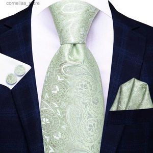 Neck Ties Neck Ties Sage Green Paisley 2022 New Fashion Brand Ties for Men Wedding Party Necktie Set Handky Cufflinks Gift Wholesale Hi-Tie Y240325