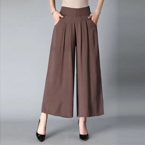 CAPRIS 여성의 캐주얼 올 스틸 컬러 얇은 자른 넓은 다리 바지 여름 새로운 탄성 높은 허리 패션 버튼 스 플린트 바지
