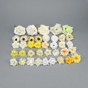 Flores decorativas cabeças de flores de seda artificial conjunto combinação bege estilo rosa 38 unidades/pacote diy amarelo falso para artesanato