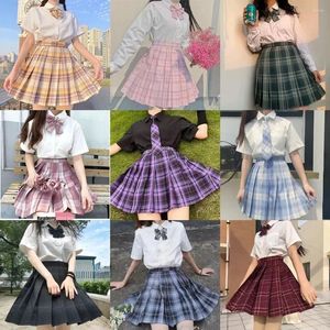 Conjuntos de roupas conjunto alto para saias escola completa xadrez plissado a linha sexy cintura uniformes menina japonesa