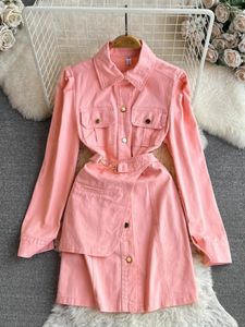 Casual Dresses Spring Autumn Korean Temperament Denim Dress Women Vintage Lapel Puff Long Sleeve Shirt Slim A-Line Vestidos